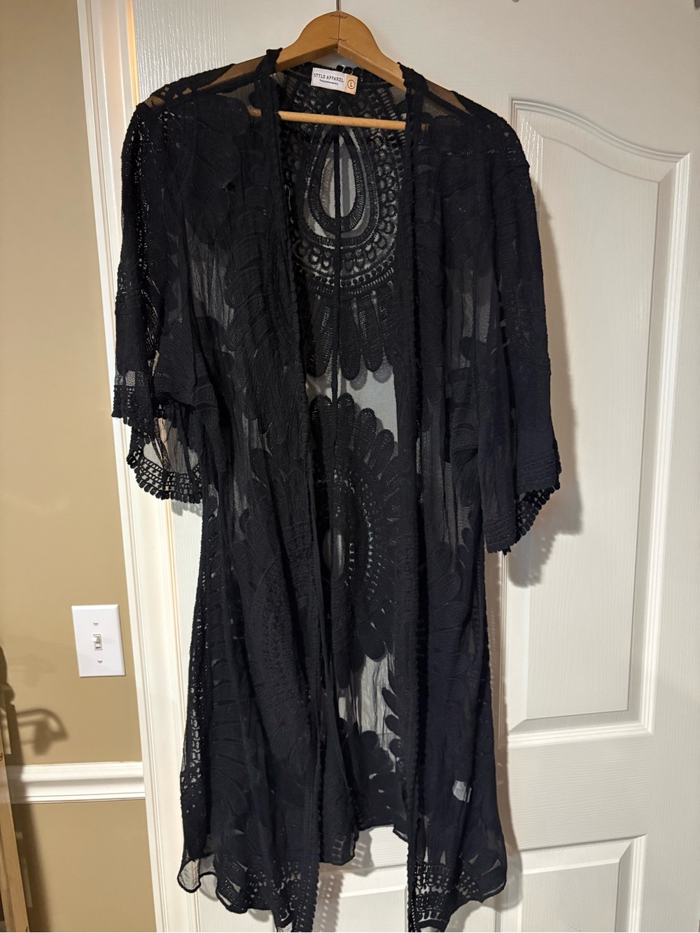 Style Apparel -Black Lace Kimono Cover-Up